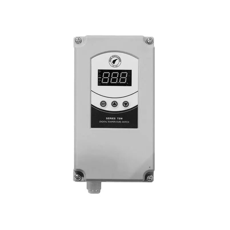 Close-up of G&amp;D Digital Temperature Controller with an easy-to-read digital display, arrow up/down controls, NEMA4 digital temp control with sensor, and ASCO 3/4 inch solenoid valve, used for precise temperature management in brewing industry.