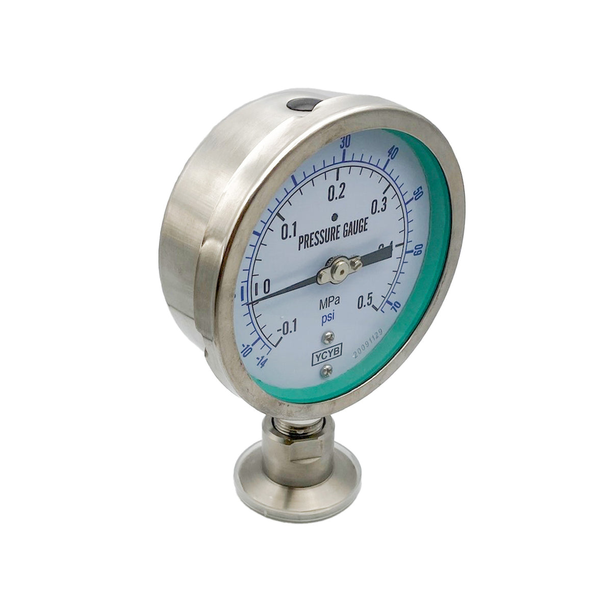 1.5&quot; Tri-Clamp Sanitary Pressure Gauge (0-70 PSI), Bottom Mount, Adjustable Calibration